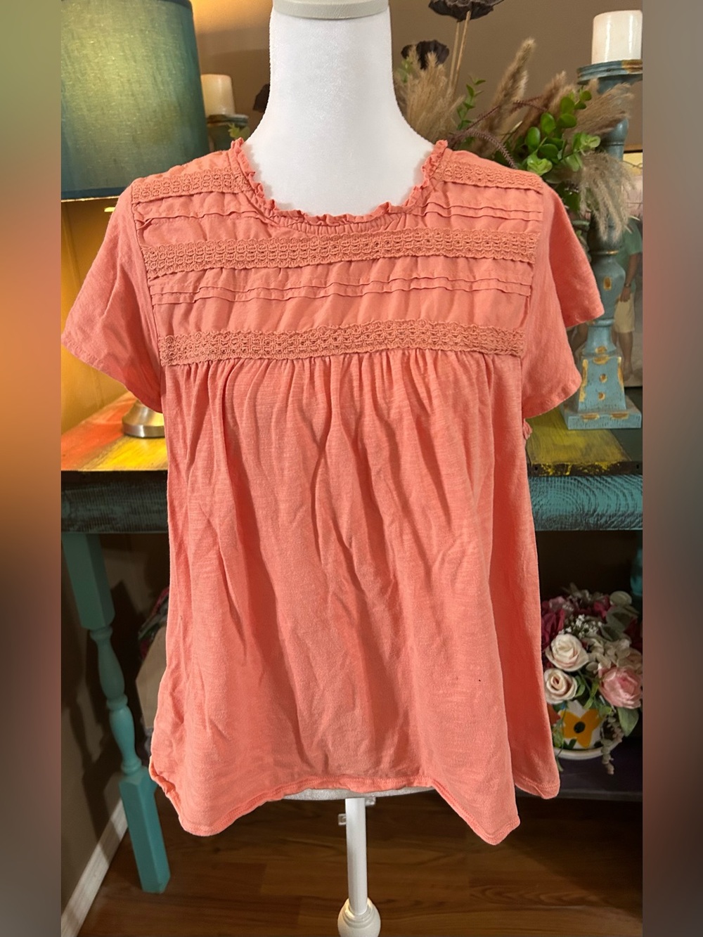 Ella Moss Coral Short-Sleeve Crochet Yoke Blouse